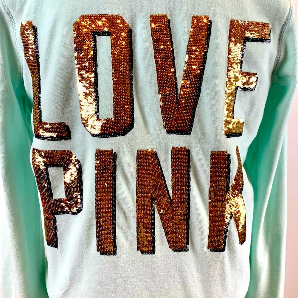 Victoria’s Secret LOVE PINK zip front velour fur lined hoodie teal sequins Y2K